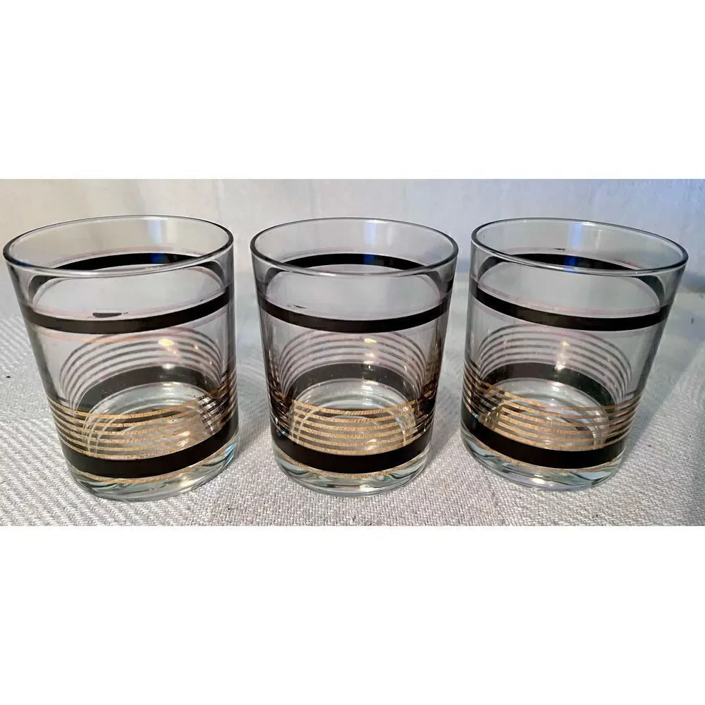 VTG SET 3 MCM Black & Gold Stripe STRIPED Low Ball Rocks Bar Glasses Whiskey